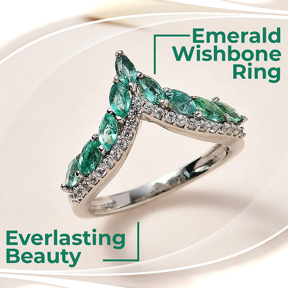 AAA Kagem Zambian Emerald Ring , Emerald Wishbone Ring , White Zircon Accents Ring , Platinum Over Sterling Silver Ring 1.00 ctw image number 1