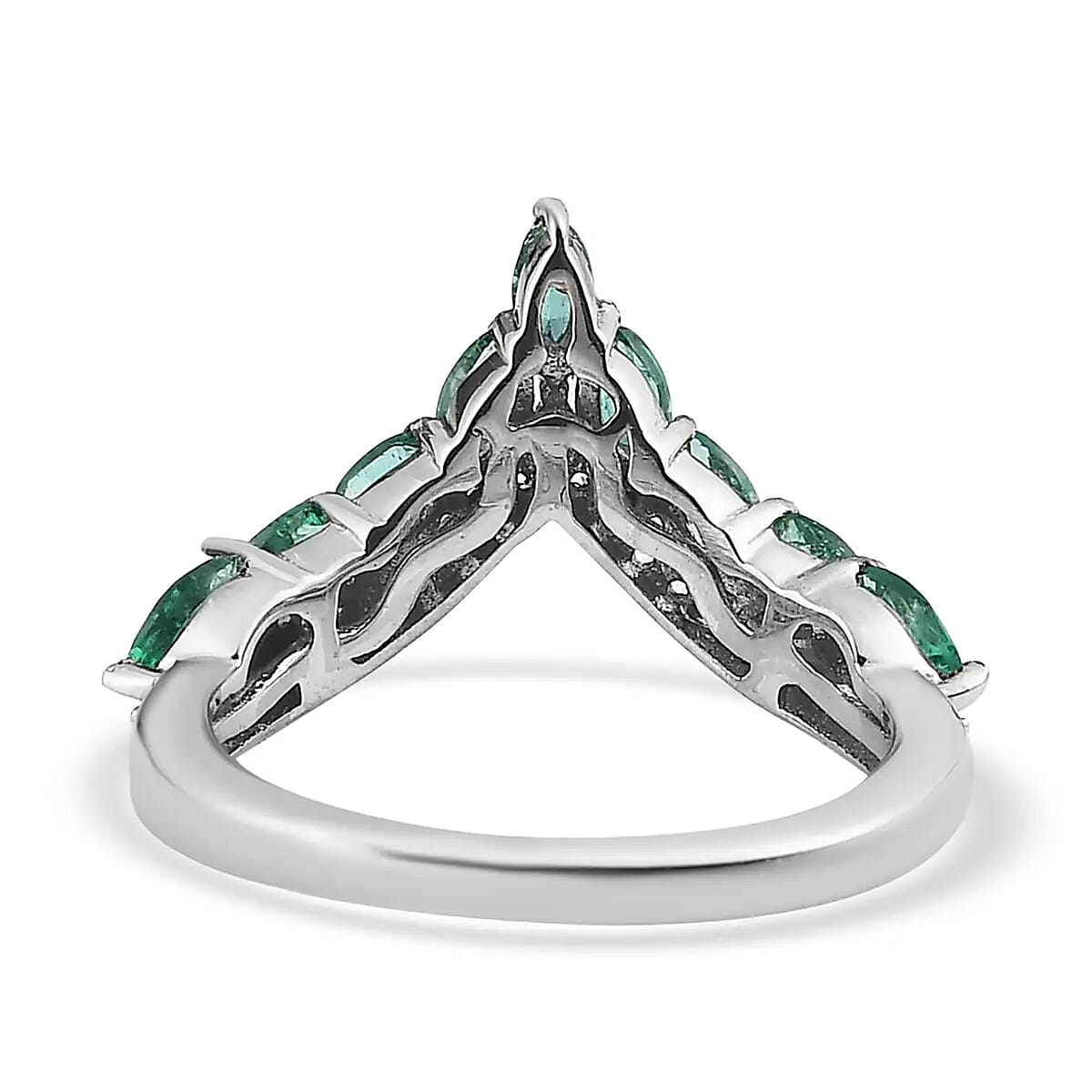 AAA Kagem Zambian Emerald Ring , Emerald Wishbone Ring , White Zircon Accents Ring , Platinum Over Sterling Silver Ring 1.00 ctw image number 5