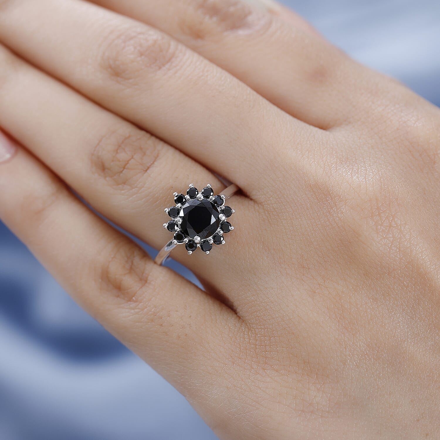 Simulated Black Diamond Floral Ring in Sterling Silver (Size 10.0) 2.85 ctw