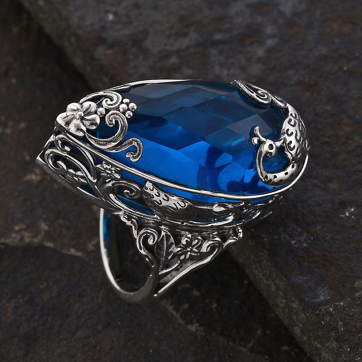 Bali Legacy Caribbean Quartz (Triplet) Peacock Ring in Sterling Silver (Size 6.0) 25.90 ctw (Del. in 7-10 Days) image number 1