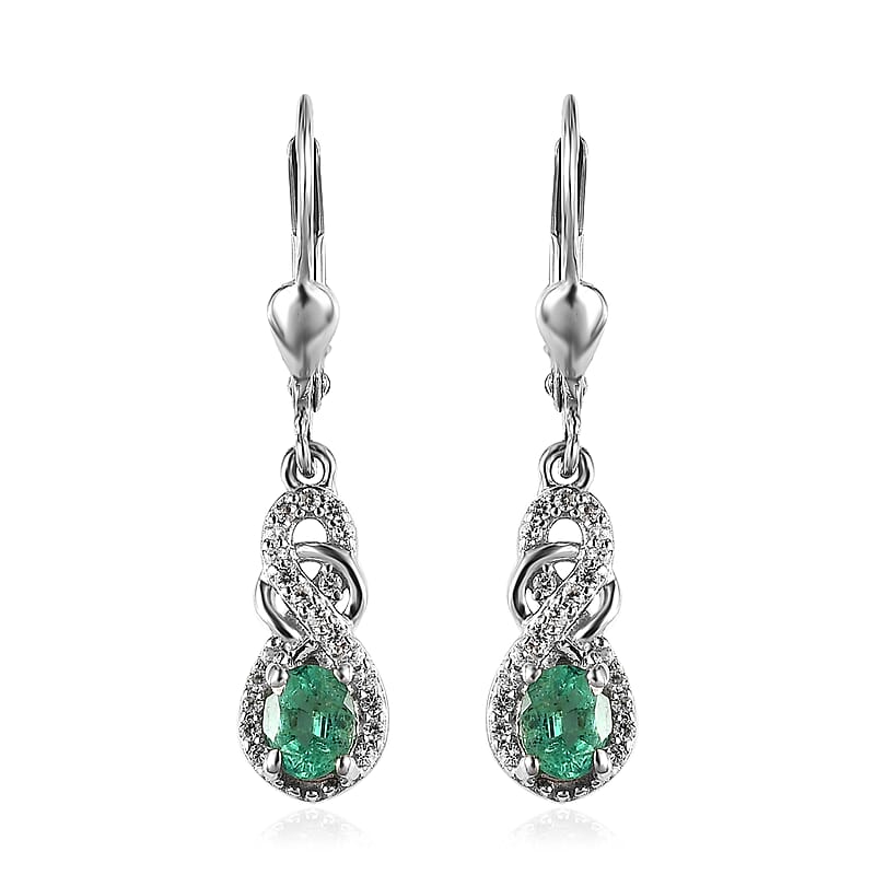 AAA Kagem Zambian Emerald and White Zircon Infinity Lever Back Earrings in Platinum Over Sterling Silver 1.25 ctw