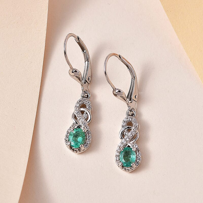 AAA Kagem Zambian Emerald and White Zircon Infinity Lever Back Earrings in Platinum Over Sterling Silver 1.25 ctw