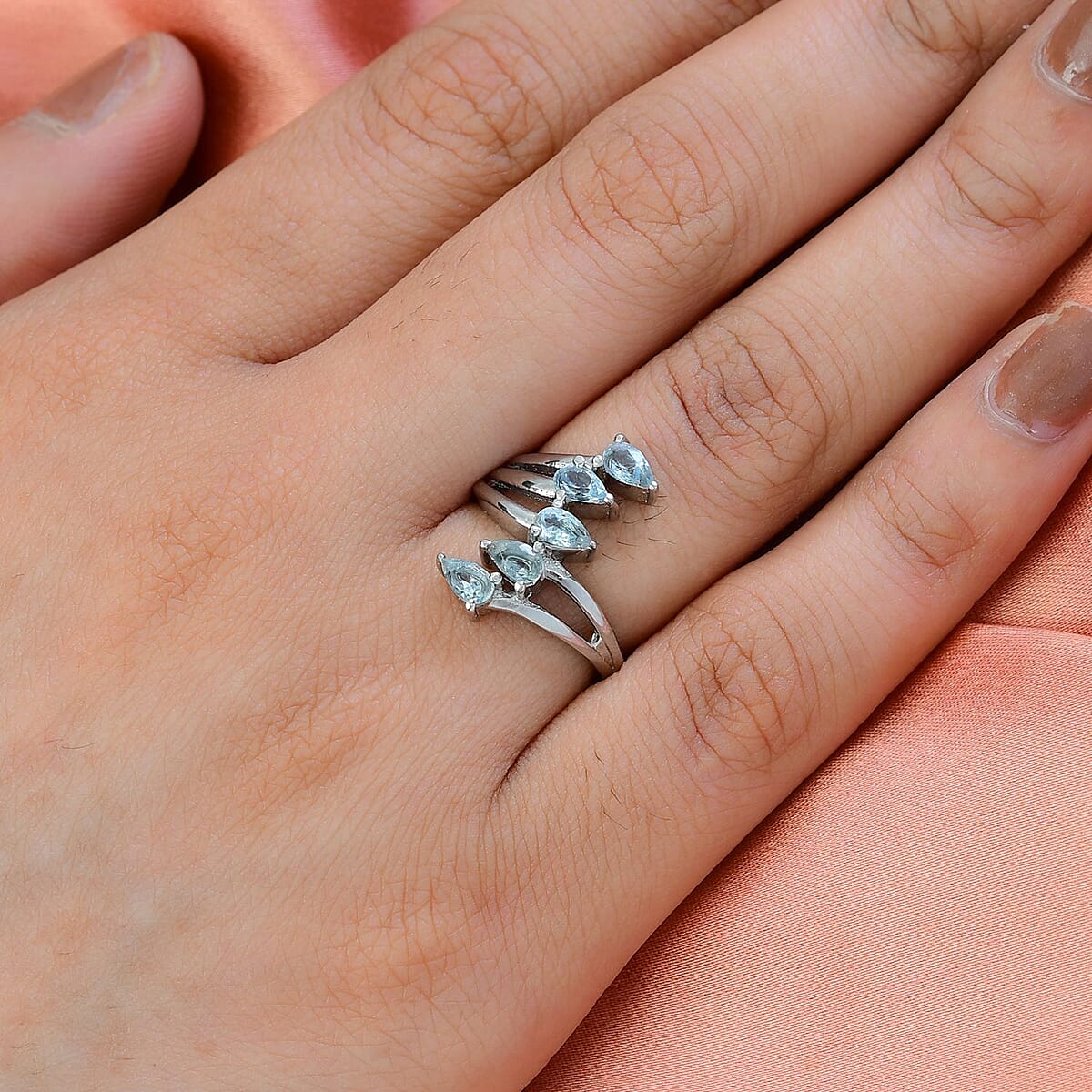 Sky Blue Topaz 5 Stone Ring in Stainless Steel (Size 10.0) 1.25 ctw | Tarnish-Free, Waterproof, Sweat Proof Jewelry image number 2