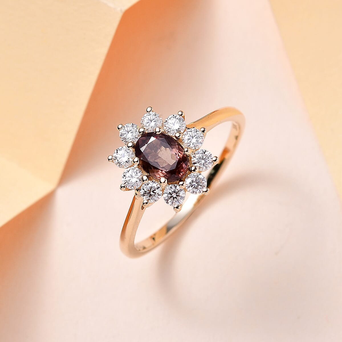 Luxoro 10K Yellow Gold Premium Bekily Color Change Garnet and Moissanite Sunburst Ring 1.60 ctw image number 1