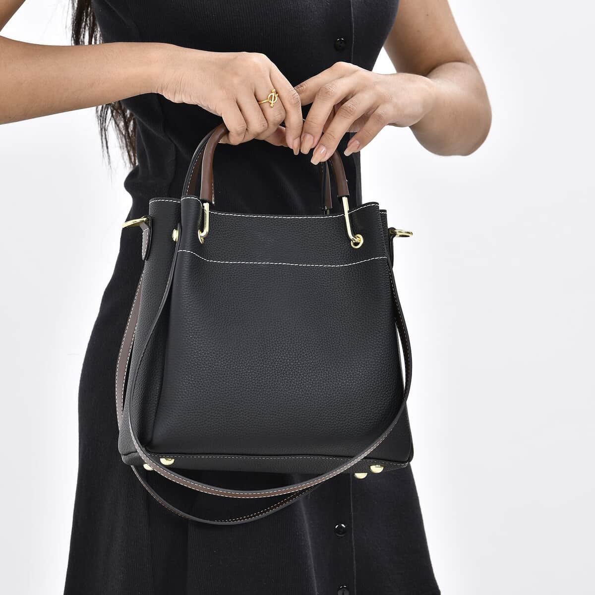 Black Color Genuine Leather Crossbody Bag with Handle Drop and Shoulder Strap image number 2