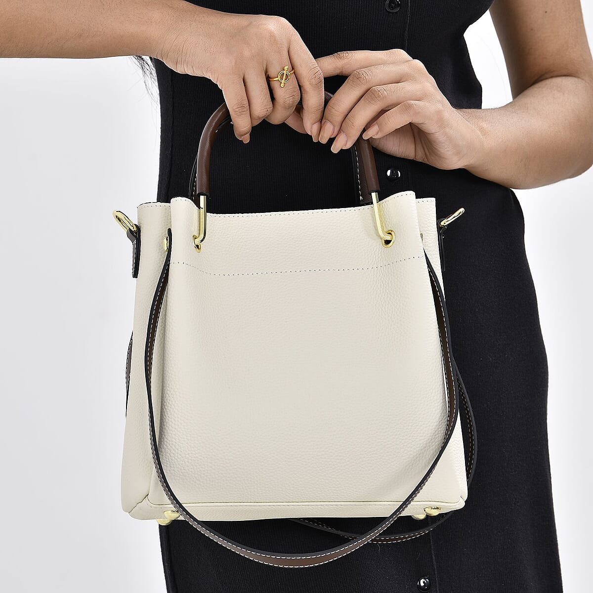 Off White Color Genuine Leather Crossbody Bag with Handle Drop and Shoulder Strap image number 2