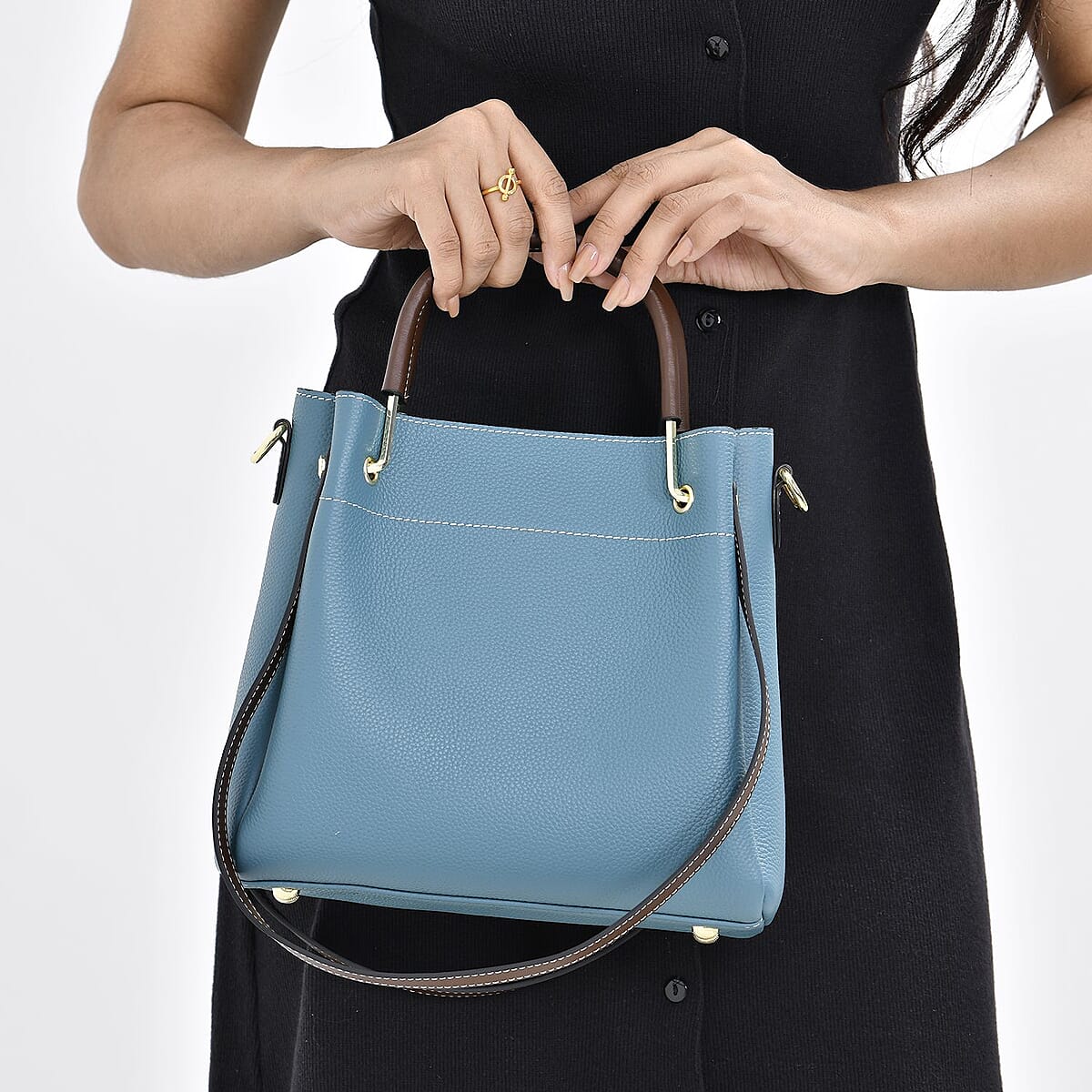 Blue Color Genuine Leather Crossbody Bag with Handle Drop and Shoulder Strap image number 2