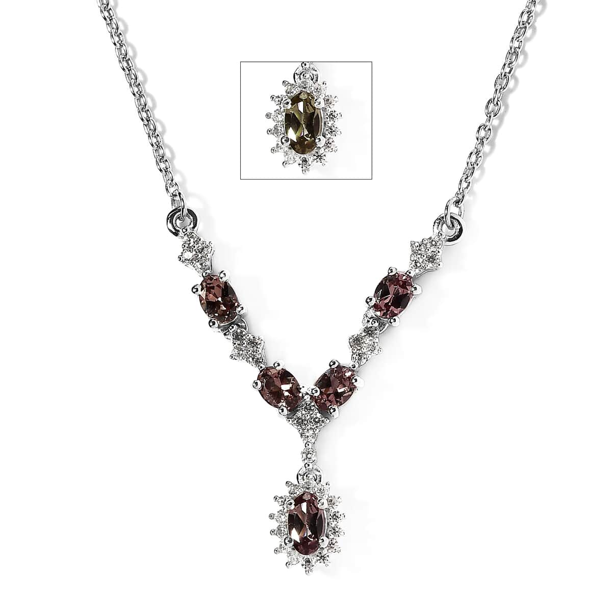 Bekily Color Change Garnet and White Zircon Sunburst Necklace 18 Inches in Platinum Over Sterling Silver 1.50 ctw image number 0