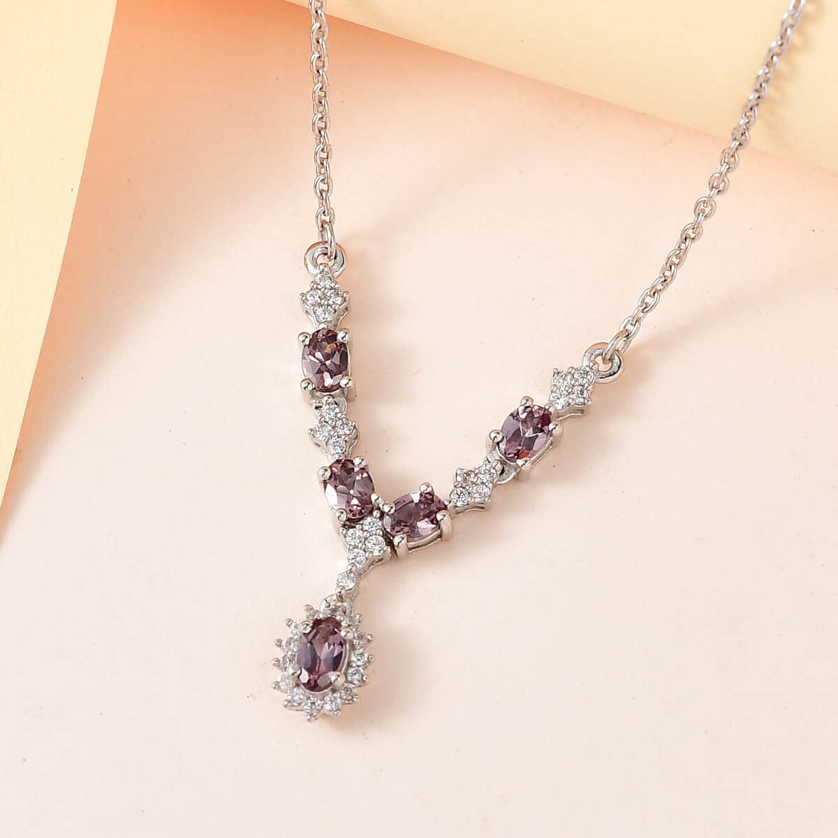 Bekily Color Change Garnet and White Zircon Sunburst Necklace 18 Inches in Platinum Over Sterling Silver 1.50 ctw image number 1