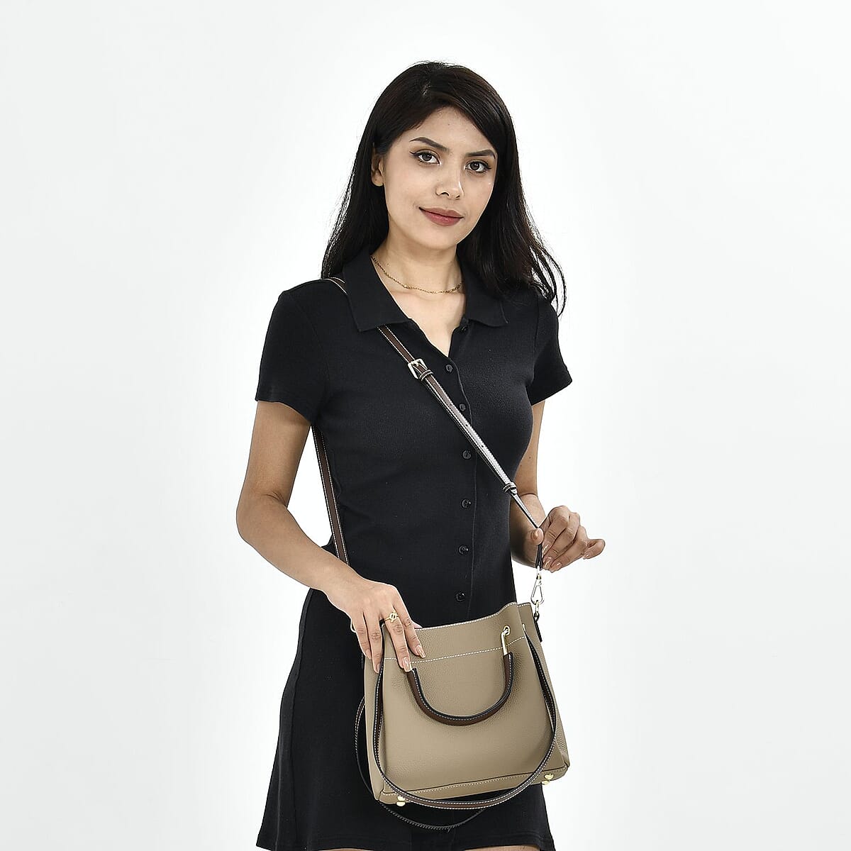 Khaki Color Genuine Leather Crossbody Bag (9.84x4.7x8.7) with Handle Drop and Shoulder Strap image number 1