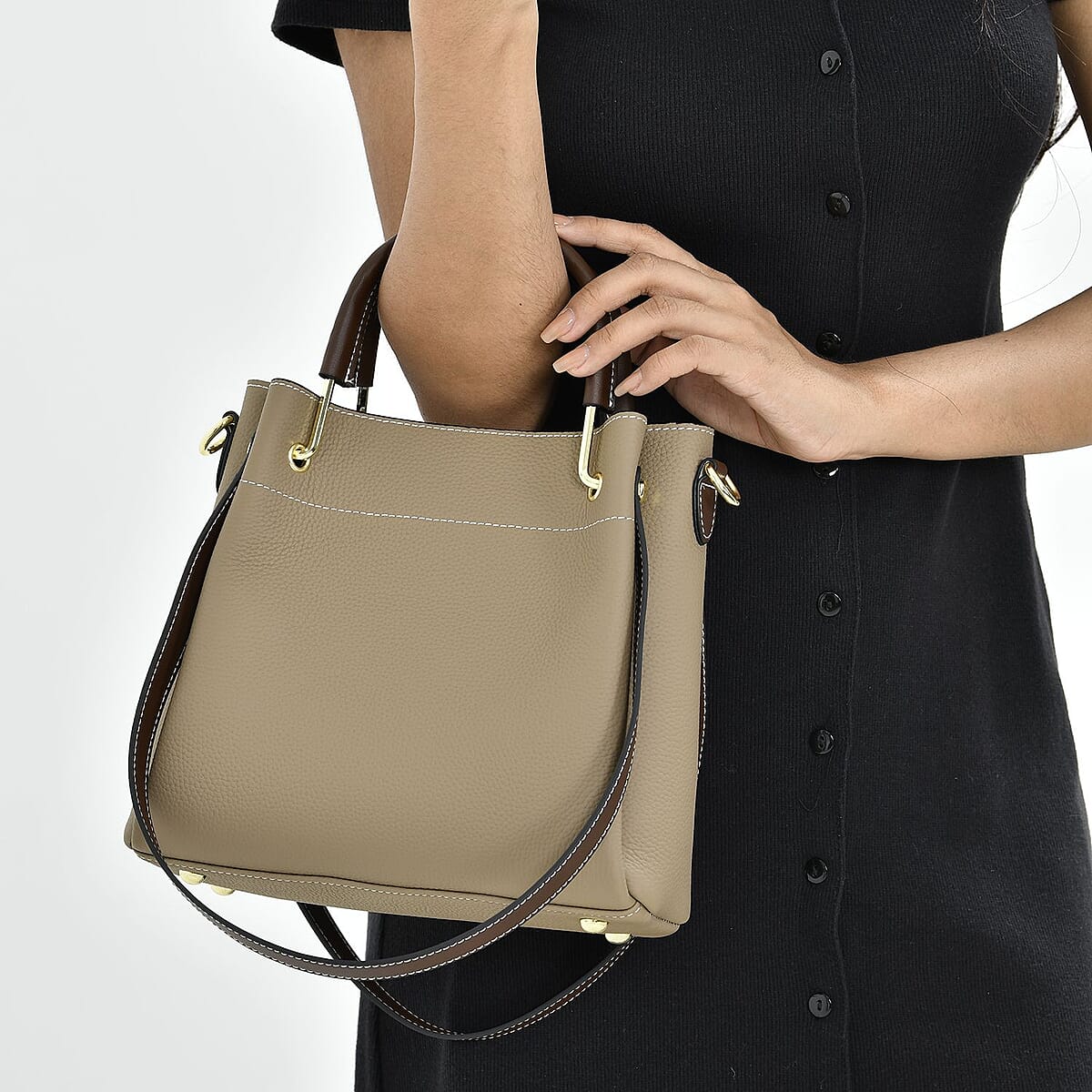 Khaki Color Genuine Leather Crossbody Bag (9.84x4.7x8.7) with Handle Drop and Shoulder Strap image number 2