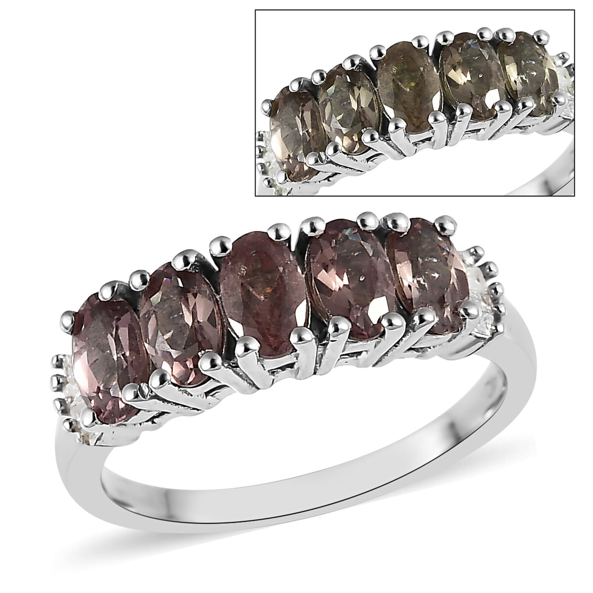 Bekily Color Change Garnet and Diamond 5 Stone Ring in Platinum Over Sterling Silver 1.40 ctw image number 0