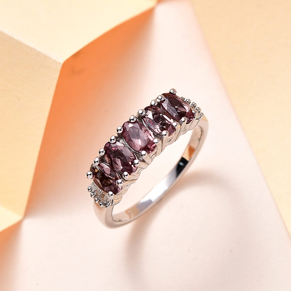 Bekily Color Change Garnet and Diamond 5 Stone Ring in Platinum Over Sterling Silver (Size 7.0) 1.40 ctw image number 1