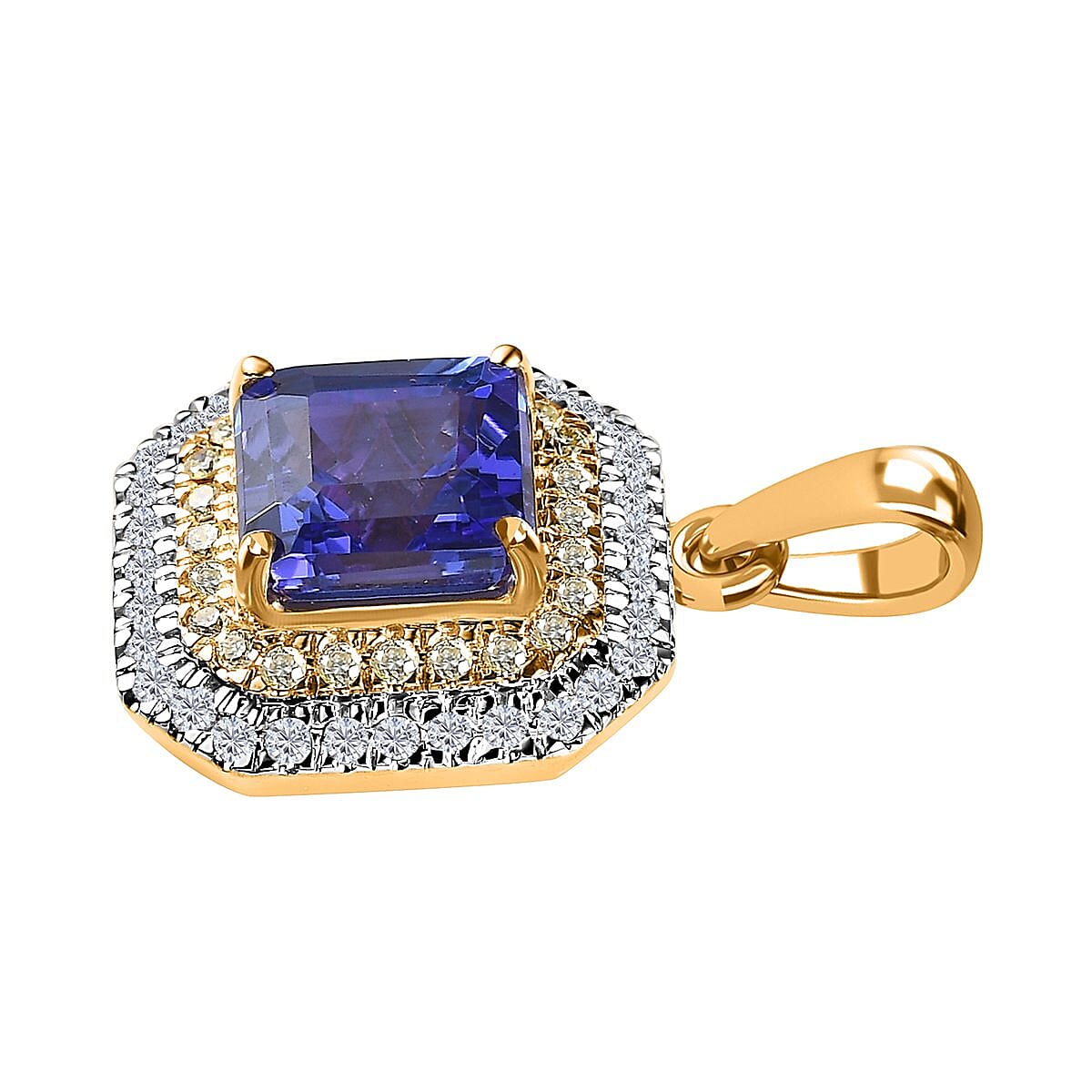 Iliana 18K Yellow Gold AAA Tanzanite and SI Natural Yellow and White Diamond Double Halo Pendant 1.90 ctw image number 3