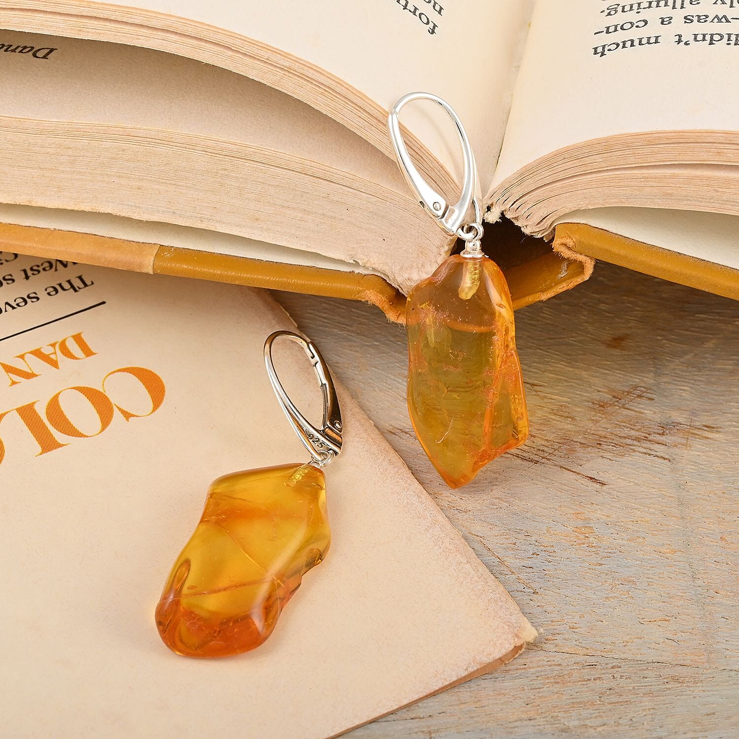 Yellow Amber Free Form Earrings in Sterling Silver