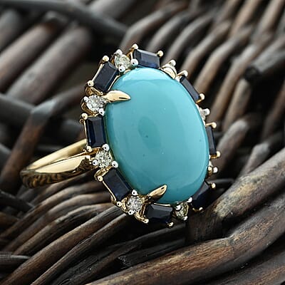 Ankur Treasure Chest Modani 14K Yellow Gold Sleeping Beauty Turquoise, Blue Sapphire and Diamond SI Ring (Size 10.0) 9.20 ctw