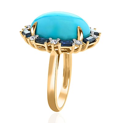 Ankur Treasure Chest Modani 14K Yellow Gold Sleeping Beauty Turquoise, Blue Sapphire and Diamond SI Ring (Size 10.0) 9.20 ctw