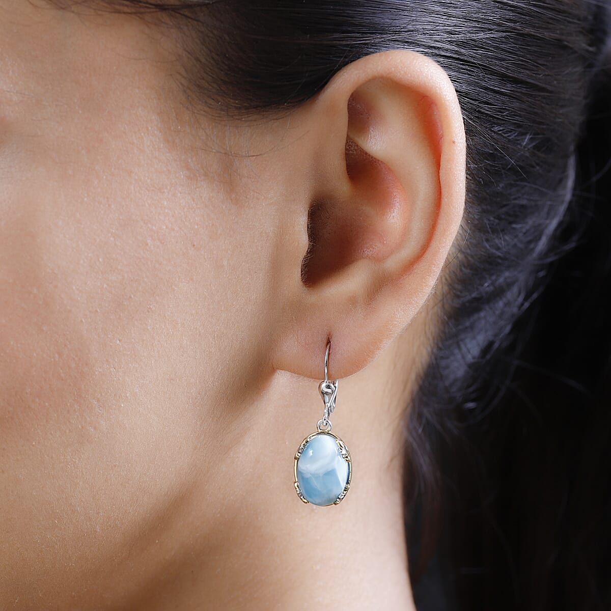 Larimar Solitaire Lever Back Earrings in Vermeil Yellow Gold and Platinum Over Sterling Silver 13.15 ctw image number 1
