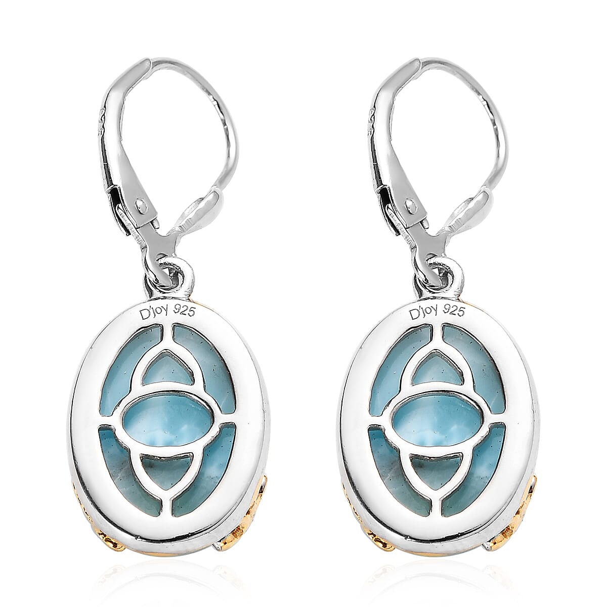 Larimar Solitaire Lever Back Earrings in Vermeil Yellow Gold and Platinum Over Sterling Silver 13.15 ctw image number 2
