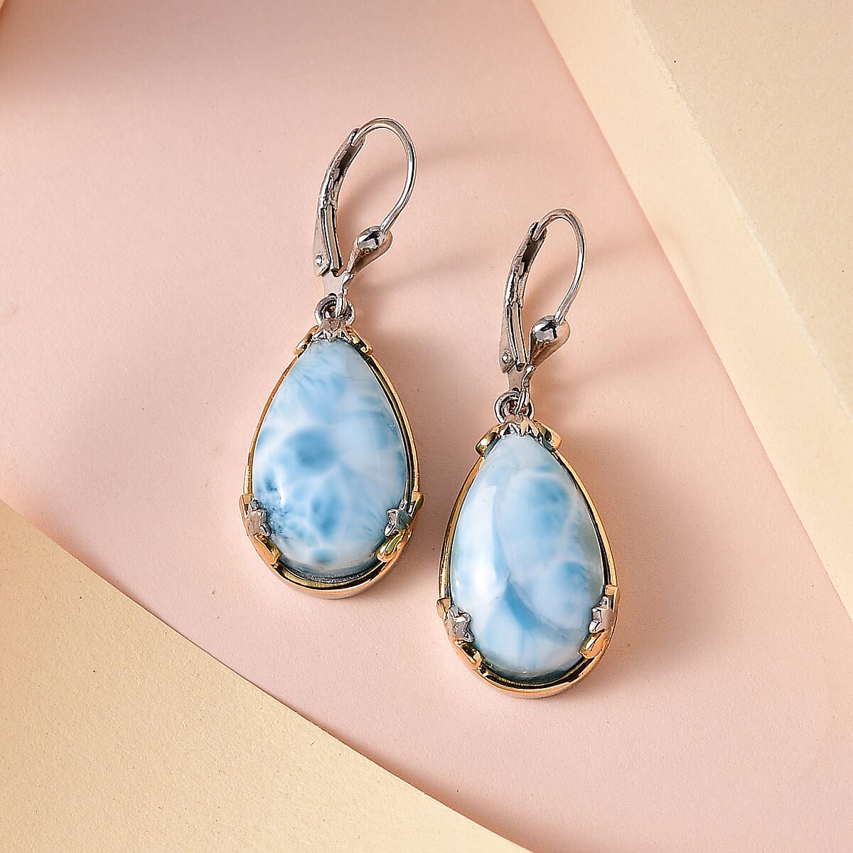 Larimar Lever Back Earrings in Vermeil Yellow Gold and Platinum Over Sterling Silver 18.50 ctw image number 1