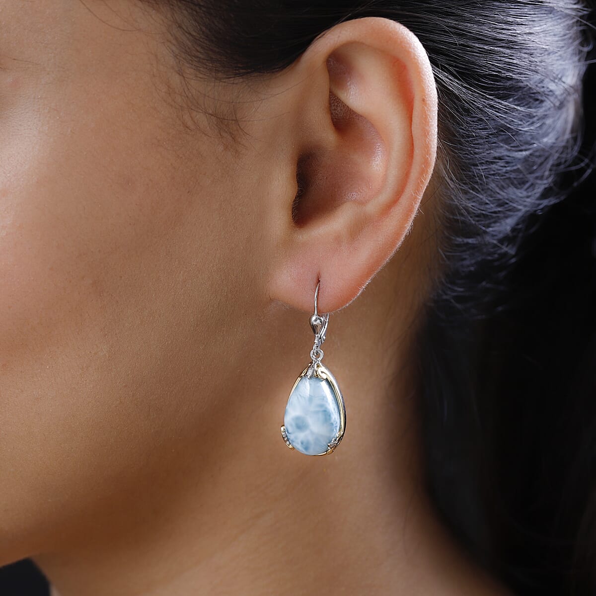 Larimar Lever Back Earrings in Vermeil Yellow Gold and Platinum Over Sterling Silver 18.50 ctw image number 2