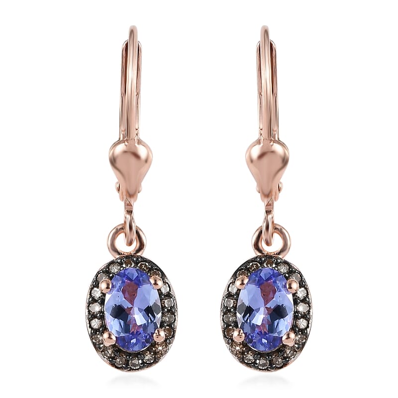 Tanzanite and Natural Champagne Diamond Lever Back Earrings in Vermeil Rose Gold Over Sterling Silver 1.00 ctw