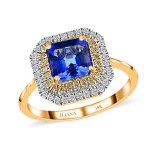 Iliana AAA Tanzanite Halo Ring, Tanzanite Ring, Natural Yellow and White Diamond Accent Ring, 18K Yellow Gold Ring, Double Halo Ring, Wedding Rings 2.00 ctw