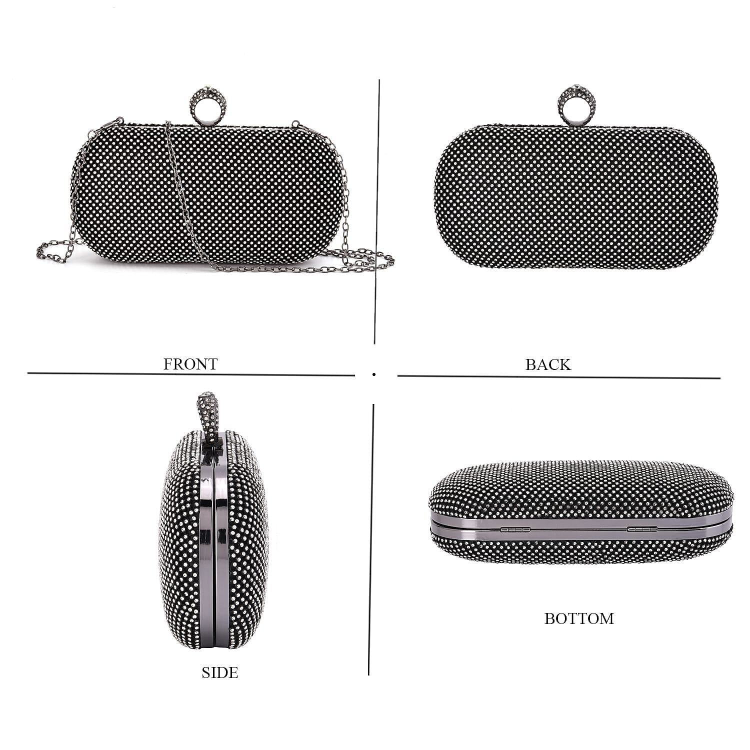 Black Color Sparkling Crystal Clutch Bag with Shoulder Strap
