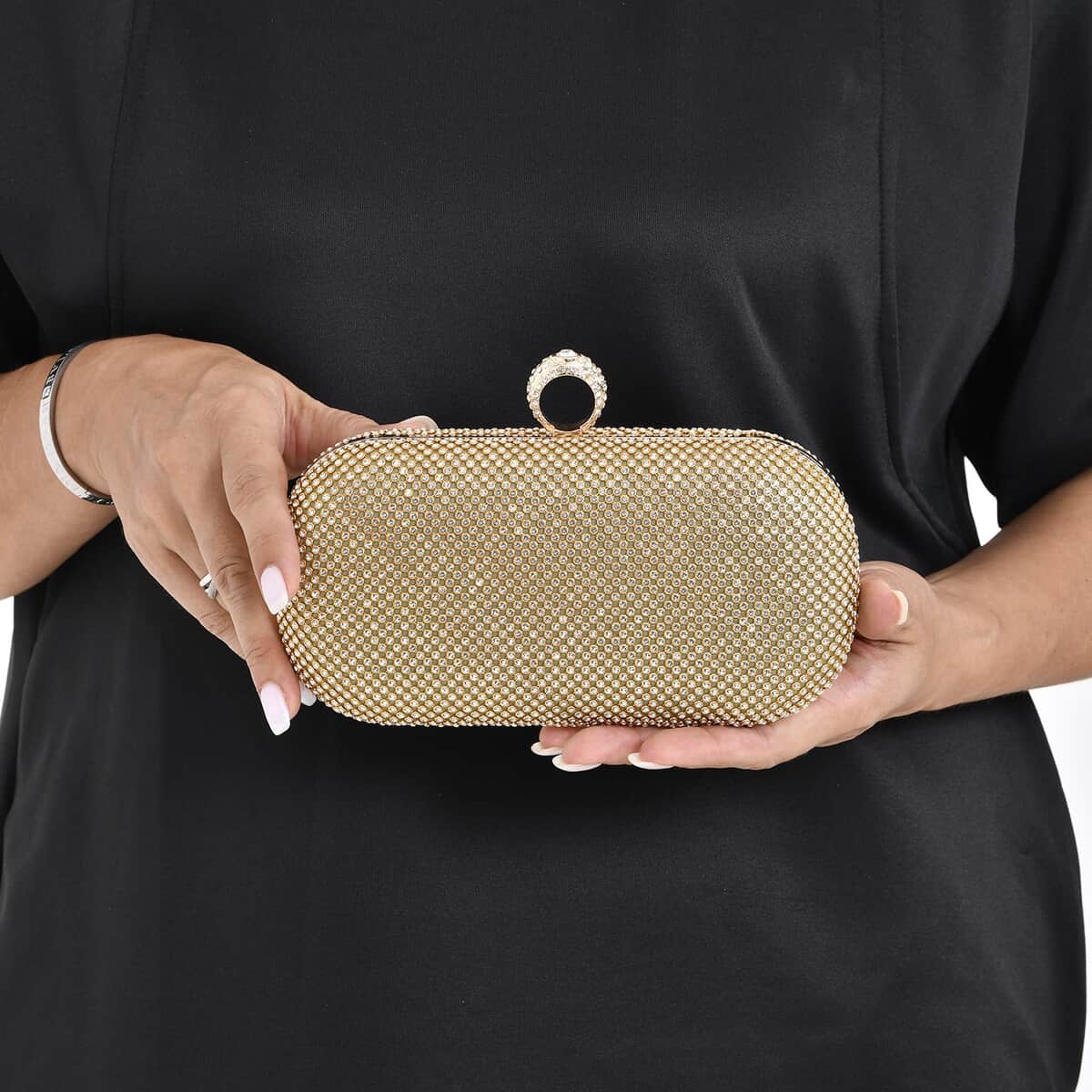 Gold Color Sparkling Crystal Clutch Bag with Shoulder Strap image number 2