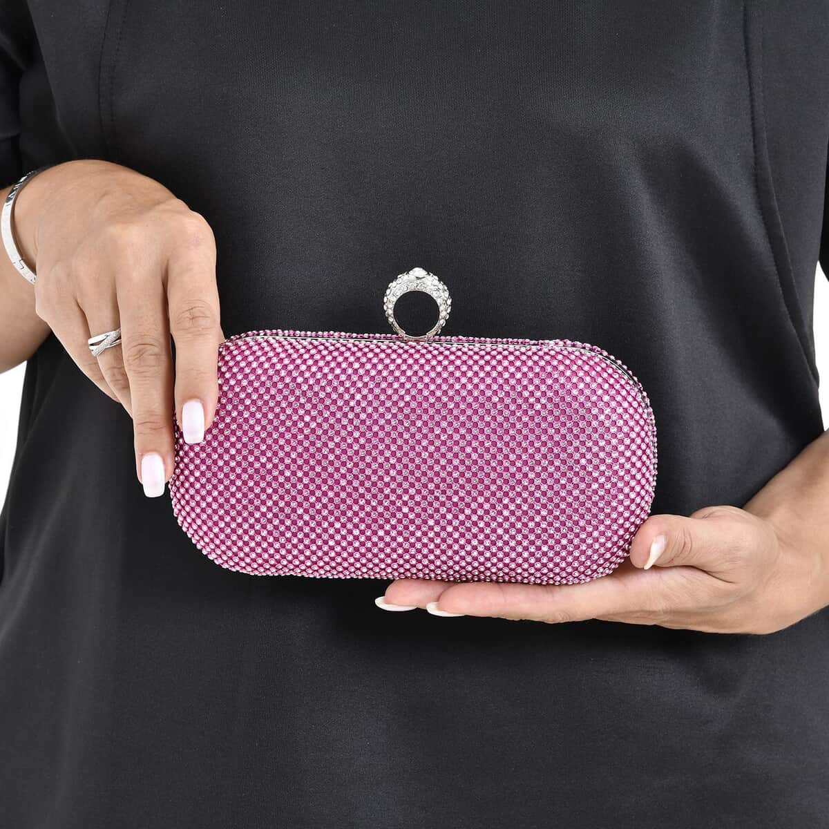 Fuchsia Color Sparkling Crystal Clutch Bag with Shoulder Strap (47) image number 2