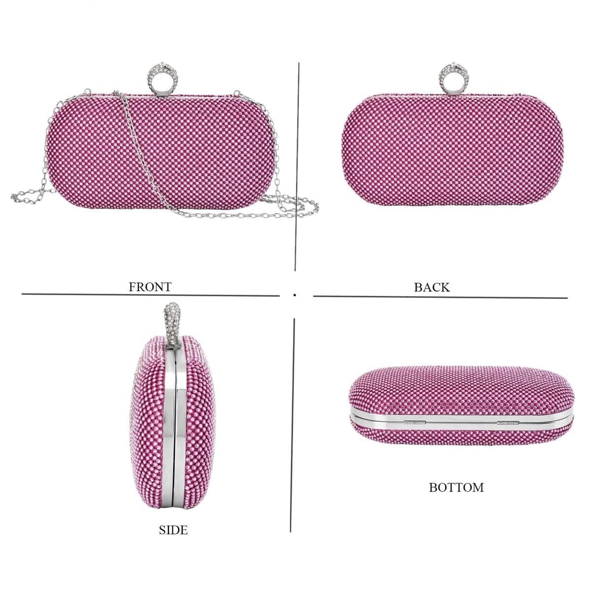 Fuchsia Color Sparkling Crystal Clutch Bag with Shoulder Strap (47) image number 3