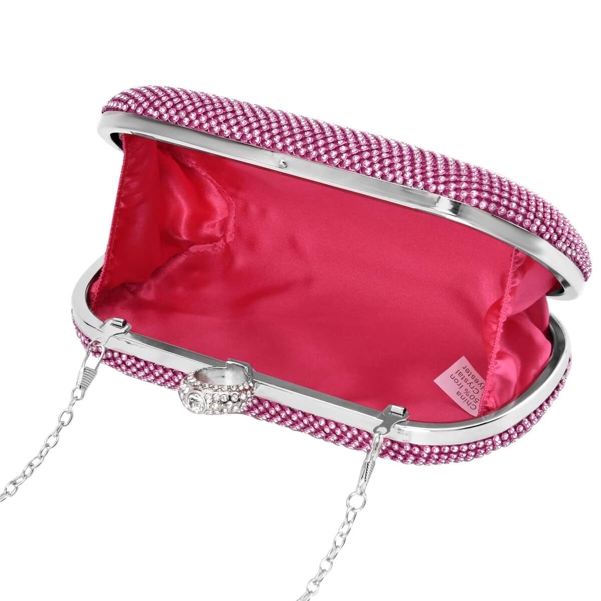 Fuchsia Color Sparkling Crystal Clutch Bag with Shoulder Strap (47) image number 4