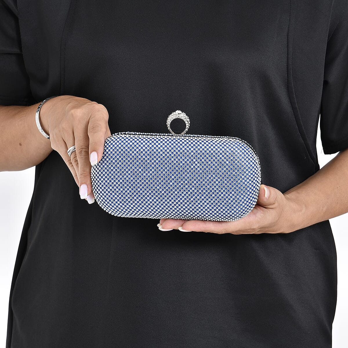 Blue Color Sparkling Crystal Clutch Bag with Shoulder Strap image number 2