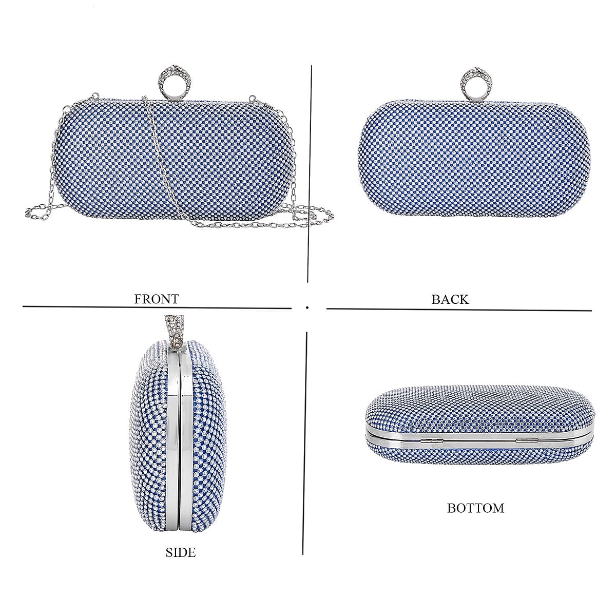 Blue Color Sparkling Crystal Clutch Bag with Shoulder Strap image number 3