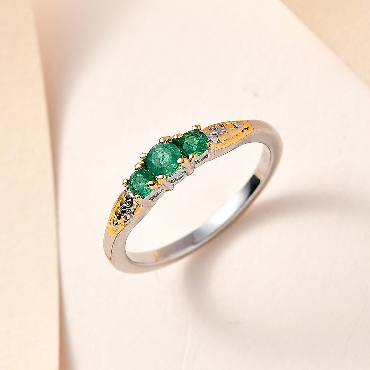 AAA Kagem Zambian Emerald 3 Stone Ring in Vermeil YG and Platinum Over Sterling Silver 0.25 ctw image number 1