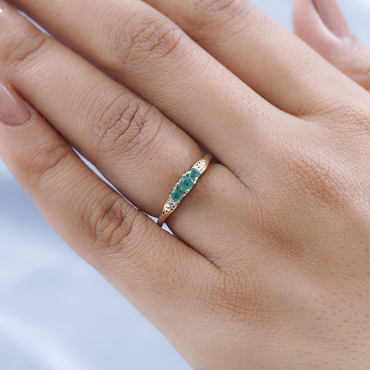 AAA Kagem Zambian Emerald 3 Stone Ring in Vermeil YG and Platinum Over Sterling Silver 0.25 ctw image number 2