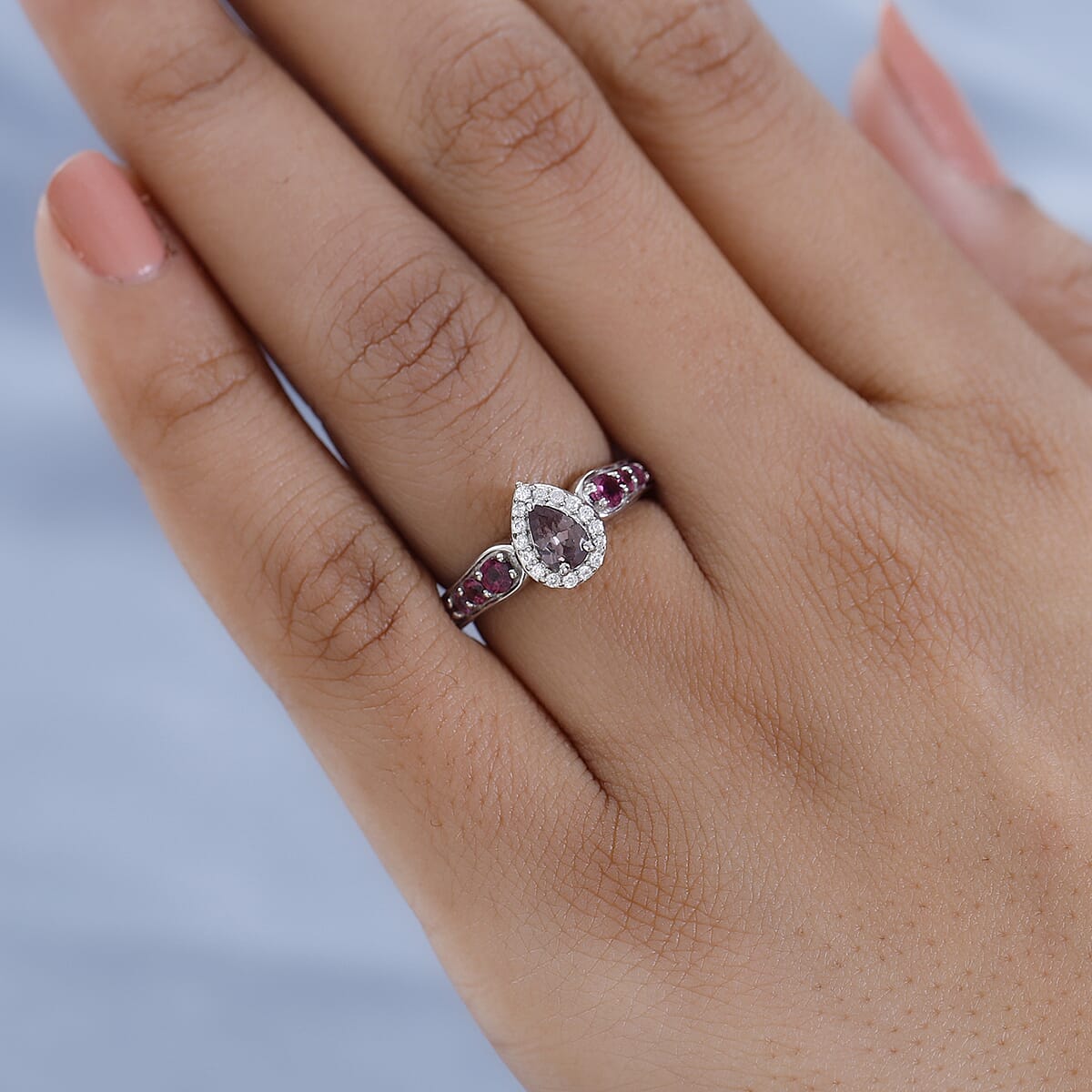 Bekily Color Change Garnet and Multi Gemstone Halo Ring in Platinum Over Sterling Silver 1.25 ctw image number 2