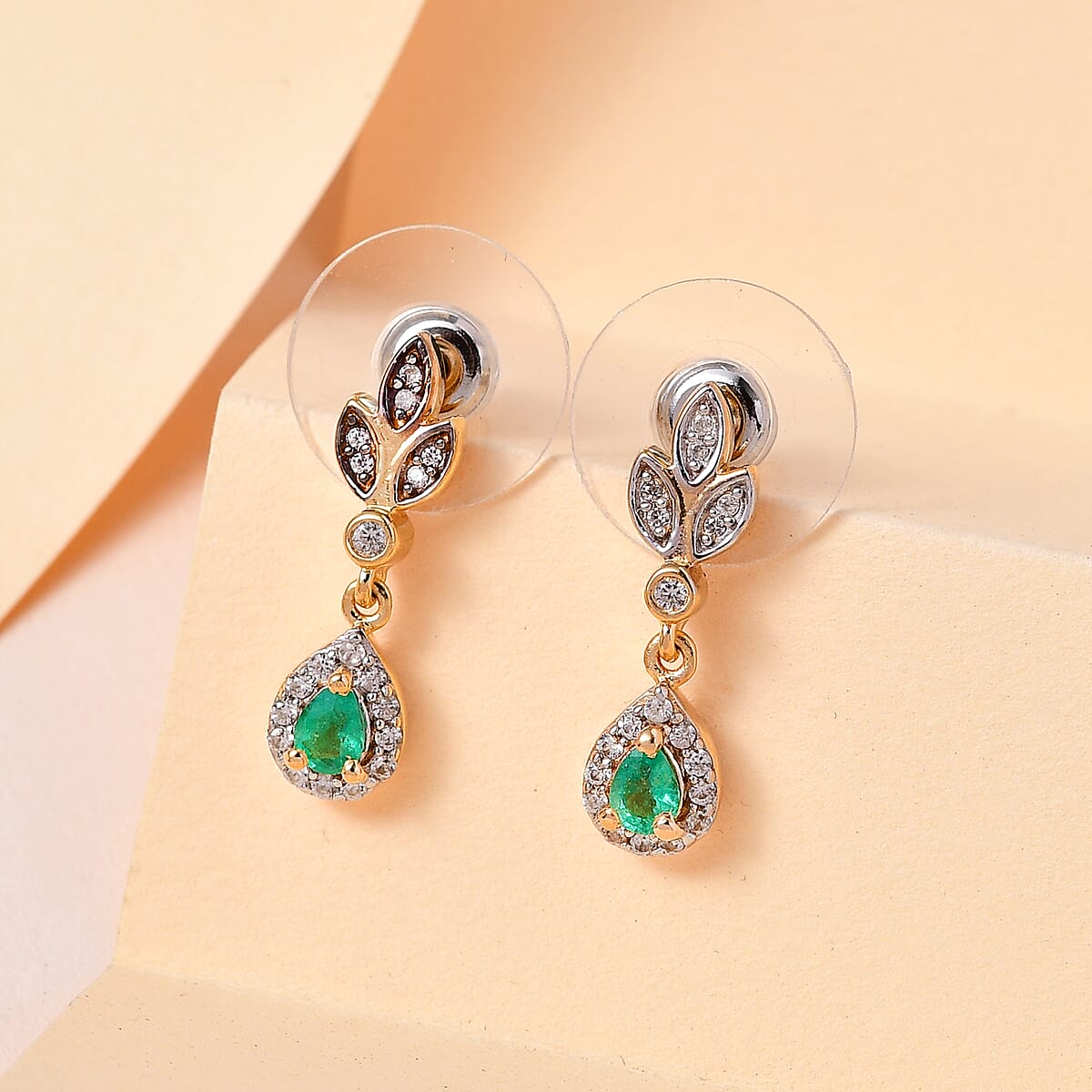 AAA Kagem Zambian Emerald and White Zircon Dangling Earrings in Vermeil Yellow Gold Over Sterling Silver 0.65 ctw image number 1