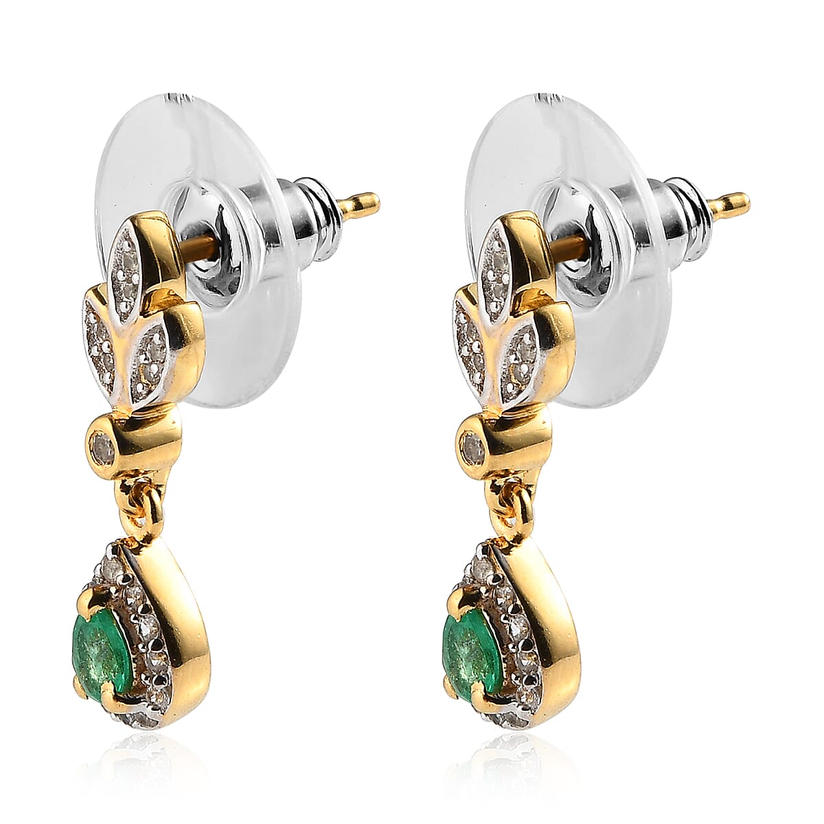 AAA Kagem Zambian Emerald and White Zircon Dangling Earrings in Vermeil Yellow Gold Over Sterling Silver 0.65 ctw image number 3