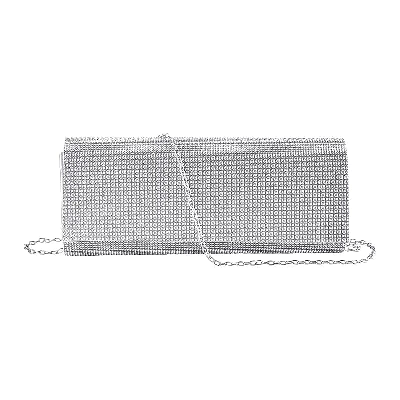 Silver Color Crystal Clutch Bag with Shoulder Strap