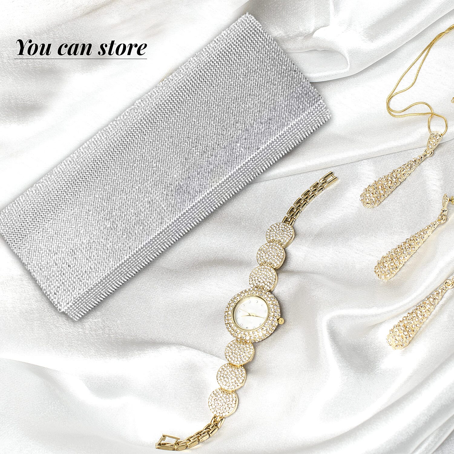 Silver Color Crystal Clutch Bag with Shoulder Strap
