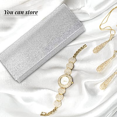 Silver Color Crystal Clutch Bag with Shoulder Strap