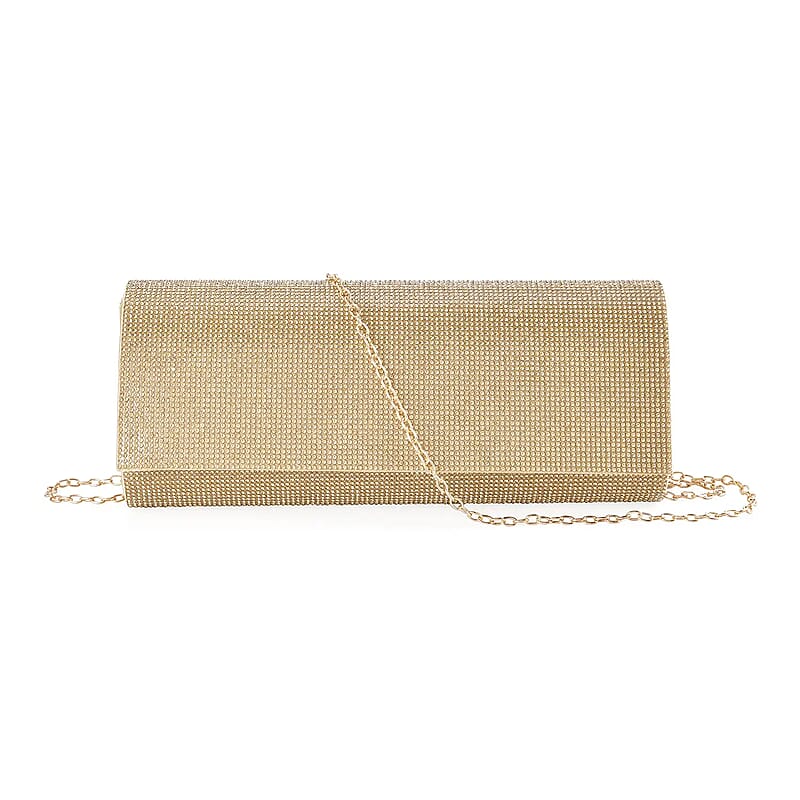 Gold Color Crystal Clutch Bag with Shoulder Strap