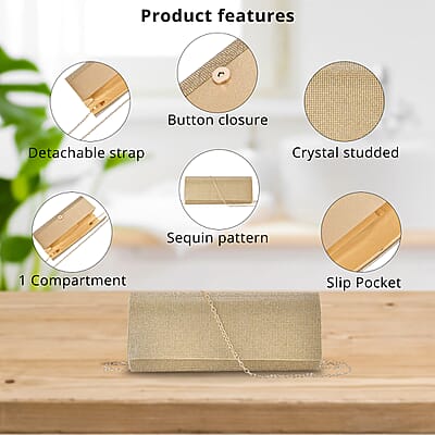 Gold Color Crystal Clutch Bag with Shoulder Strap