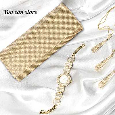 Gold Color Crystal Clutch Bag with Shoulder Strap