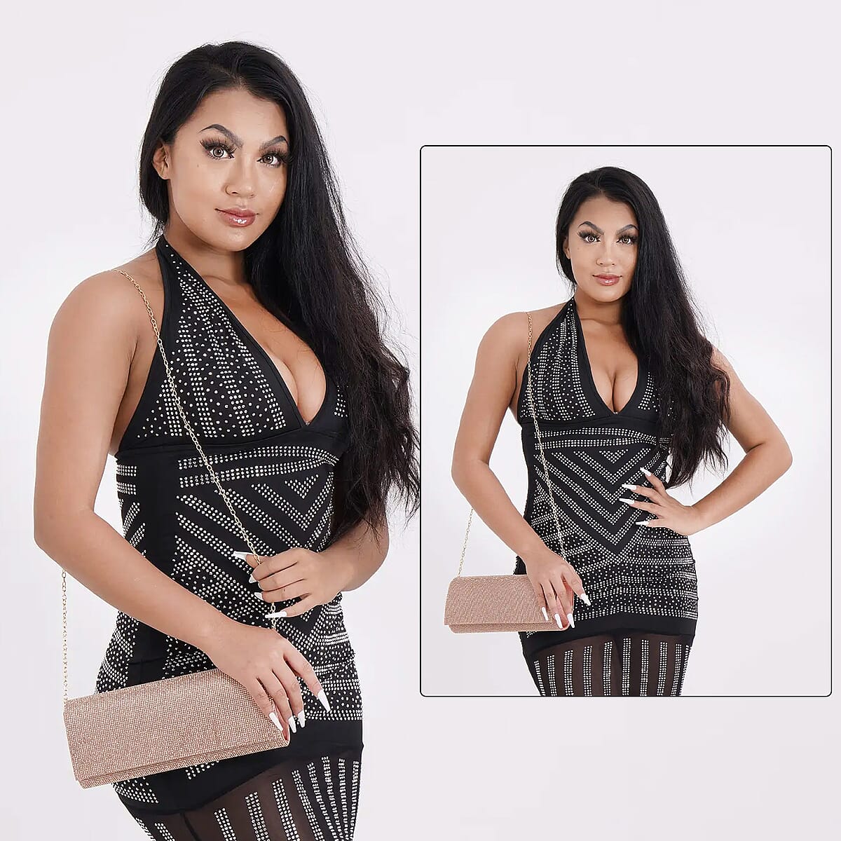 Champagne Color Crystal Clutch Bag with Shoulder Strap image number 1