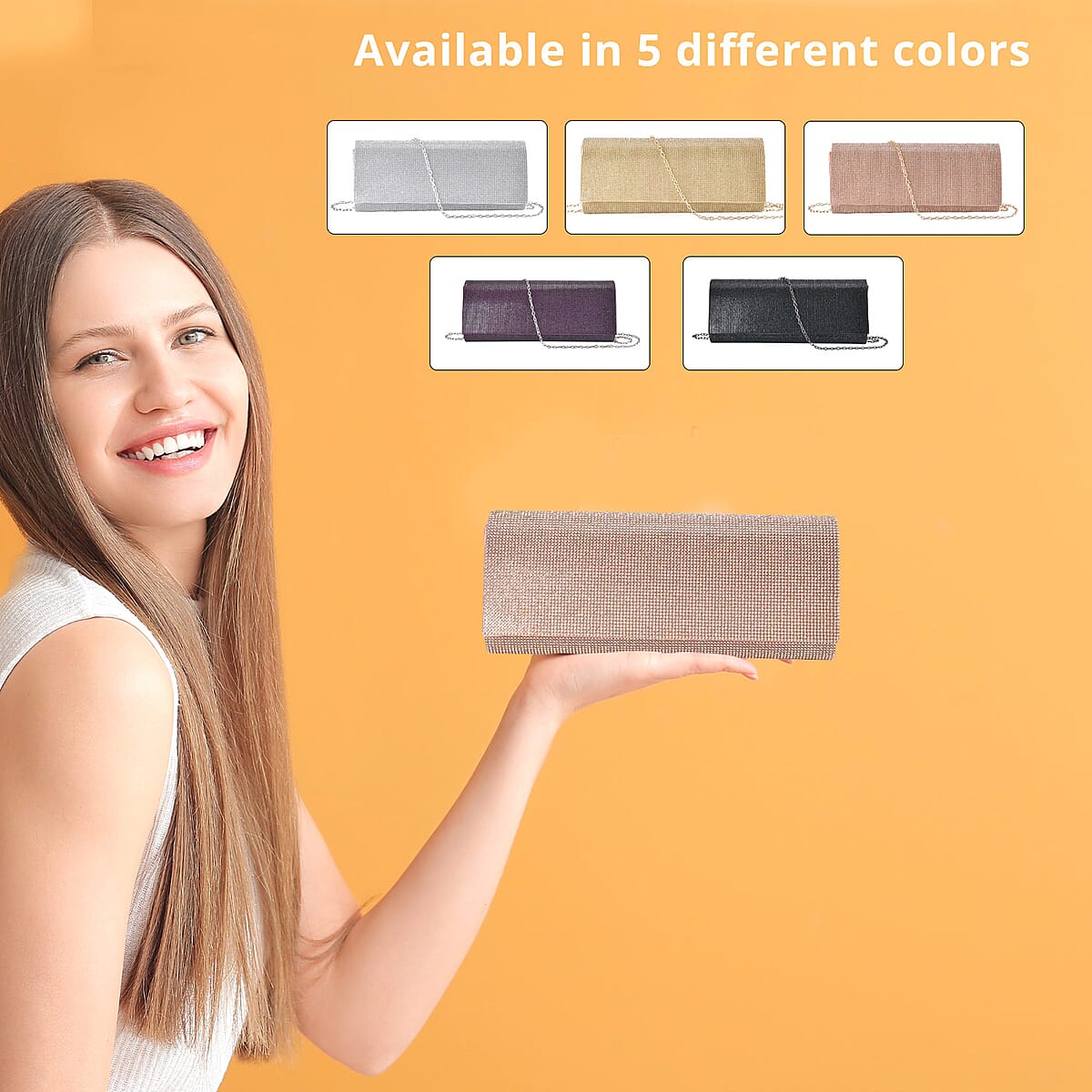 Champagne Color Crystal Clutch Bag with Shoulder Strap image number 2