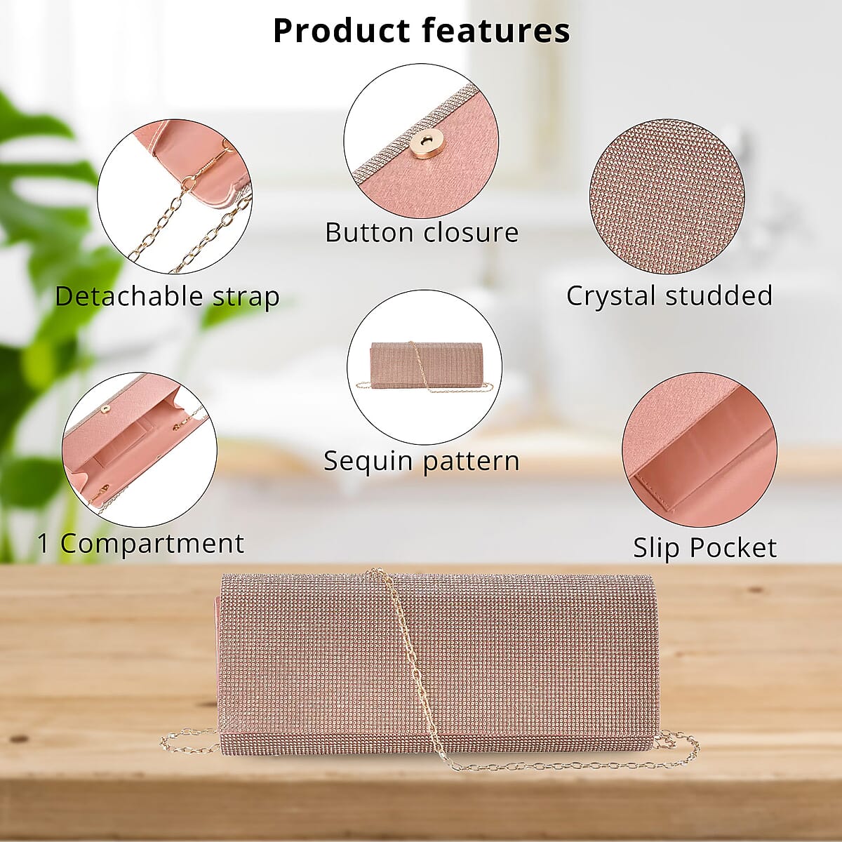 Champagne Color Crystal Clutch Bag with Shoulder Strap image number 3