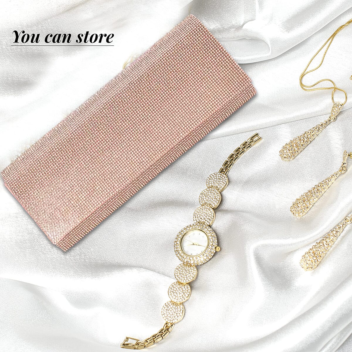 Champagne Color Crystal Clutch Bag with Shoulder Strap image number 4