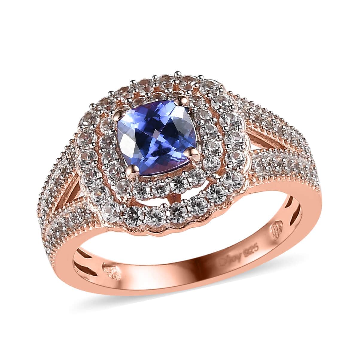 Premium Tanzanite and White Zircon Split Shank Ring in Vermeil Rose Gold Over Sterling Silver 1.85 ctw image number 0